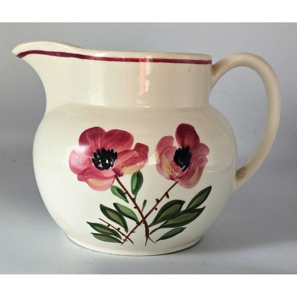 Vintage Ceramic Hand Painted Pink Poppys Pitcher Farmhouse Decor Floral Rustic